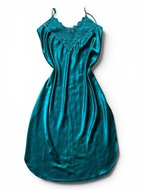 Vintage Dentelle Emerald Green Satin Lace Chemise Slip Dress Nightgown M